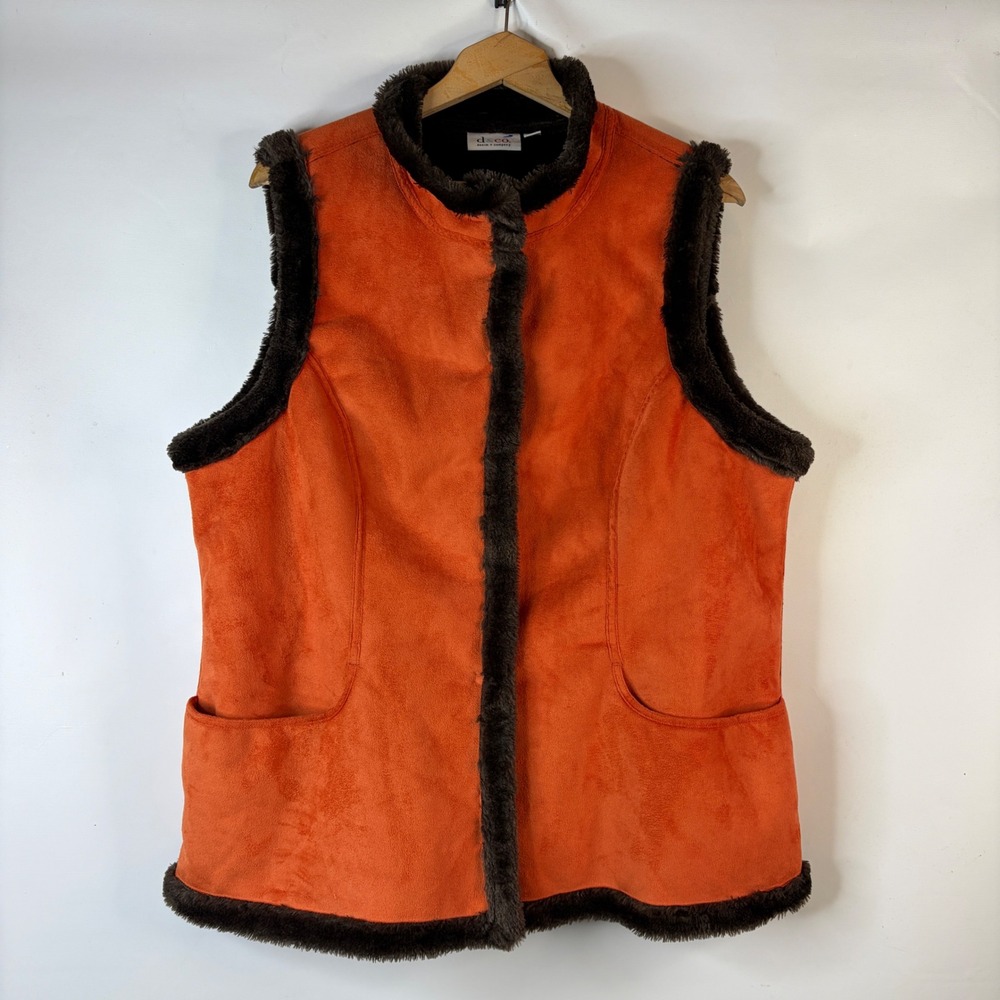 Denim & Co. Vest Women XL Orange Faux Suede Fur Trim Snap Front Pockets